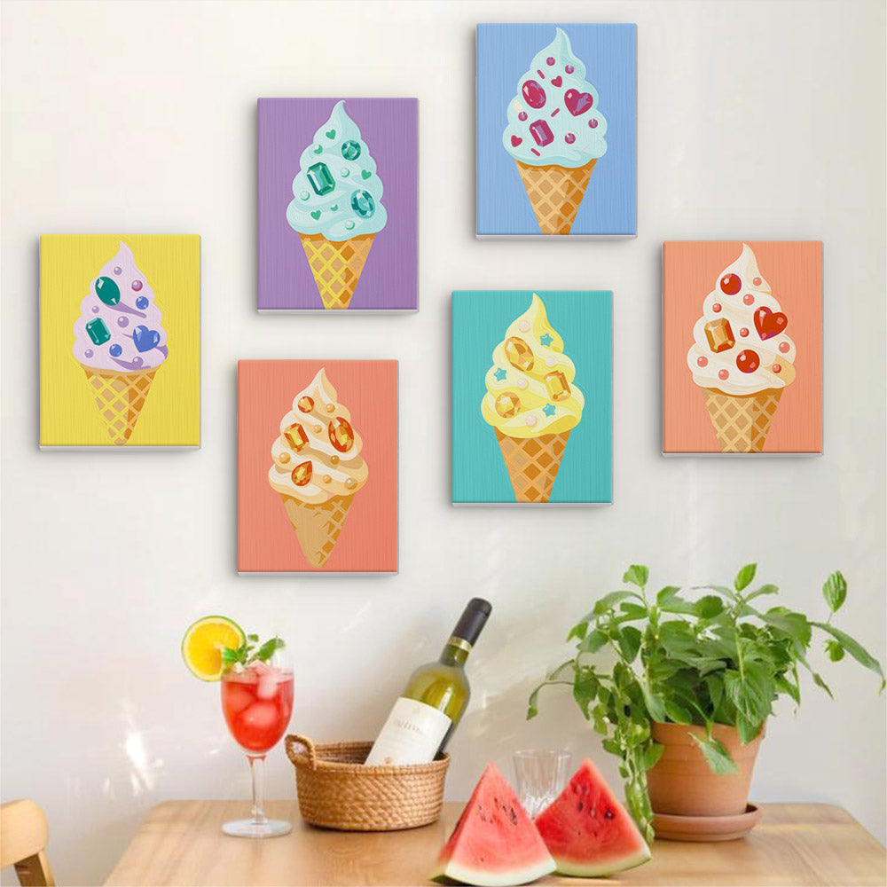 Six finished Jeweled Cones mini paintings hung on a wall above a table