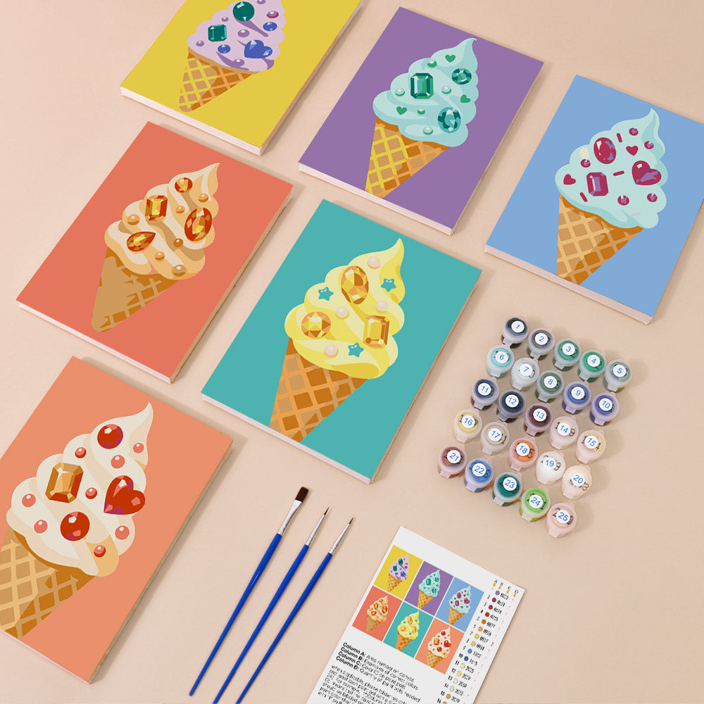 Jeweled Cones mini paint by numbers kit with six numbered canvases, acrylic paints, brushes and layout