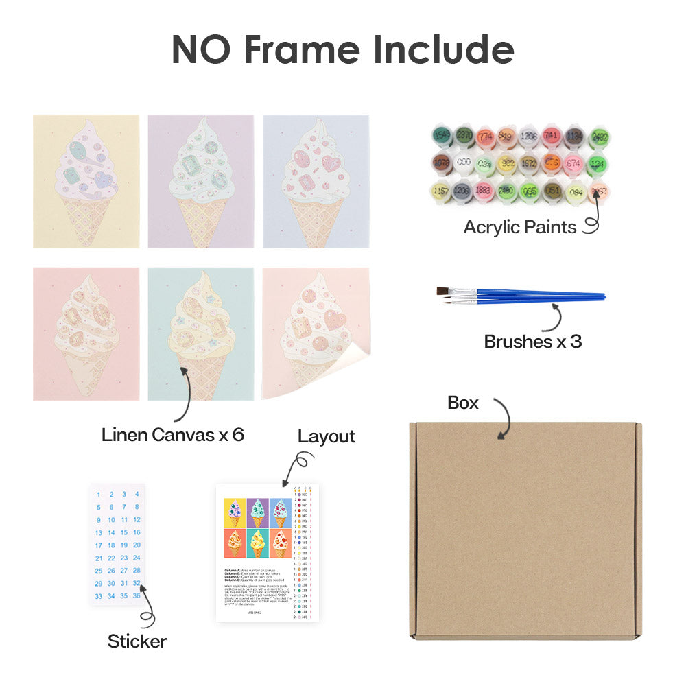 What's included without a frame: six rolled Jeweled Cones mini canvases, acrylic paints, three brushes and layout