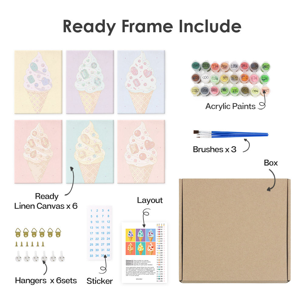 What's included pre-stretched on frame: six framed Jeweled Cones mini canvases, paints, three brushes, hangers and layout