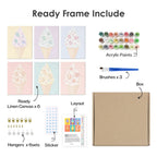 What's included pre-stretched on frame: six framed Jeweled Cones mini canvases, paints, three brushes, hangers and layout