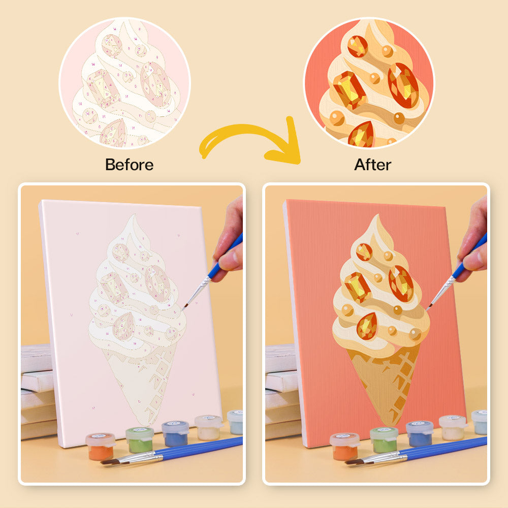 Before and after of a Jeweled Cones mini paint by numbers canvas