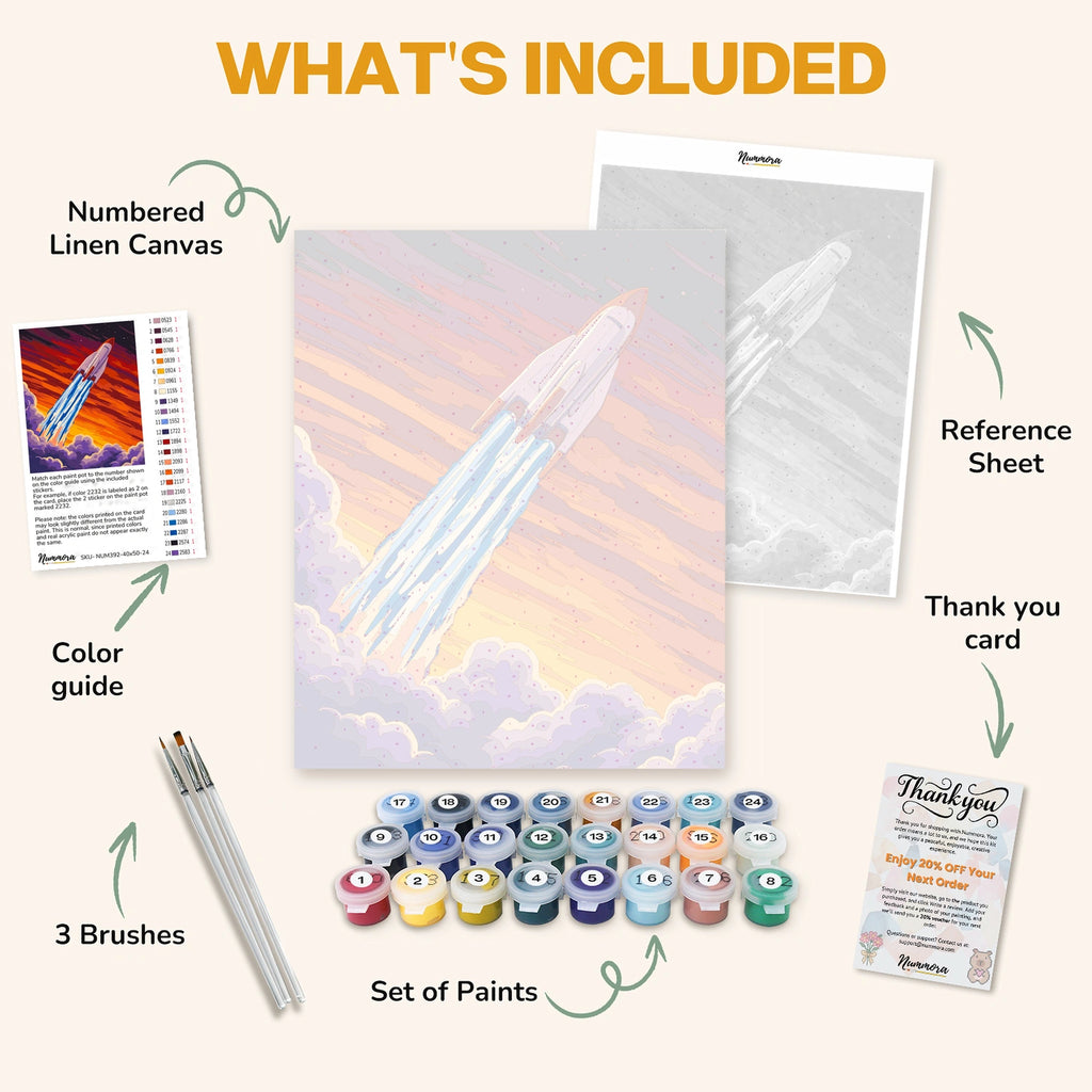 What's included in the Journey Beyond the Stars paint by numbers kit: numbered linen canvas, reference sheet, color guide, 24 acrylic paints, 3 brushes and thank you card