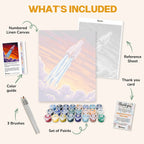 What's included in the Journey Beyond the Stars paint by numbers kit: numbered linen canvas, reference sheet, color guide, 24 acrylic paints, 3 brushes and thank you card