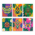 Jungle Bugs mini paint by numbers set: six folk-art insects among tropical leaves, including a moth, beetle, scorpion, ladybug, mantis and butterfly