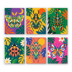 Jungle Bugs mini paint by numbers set: six folk-art insects among tropical leaves, including a moth, beetle, scorpion, ladybug, mantis and butterfly
