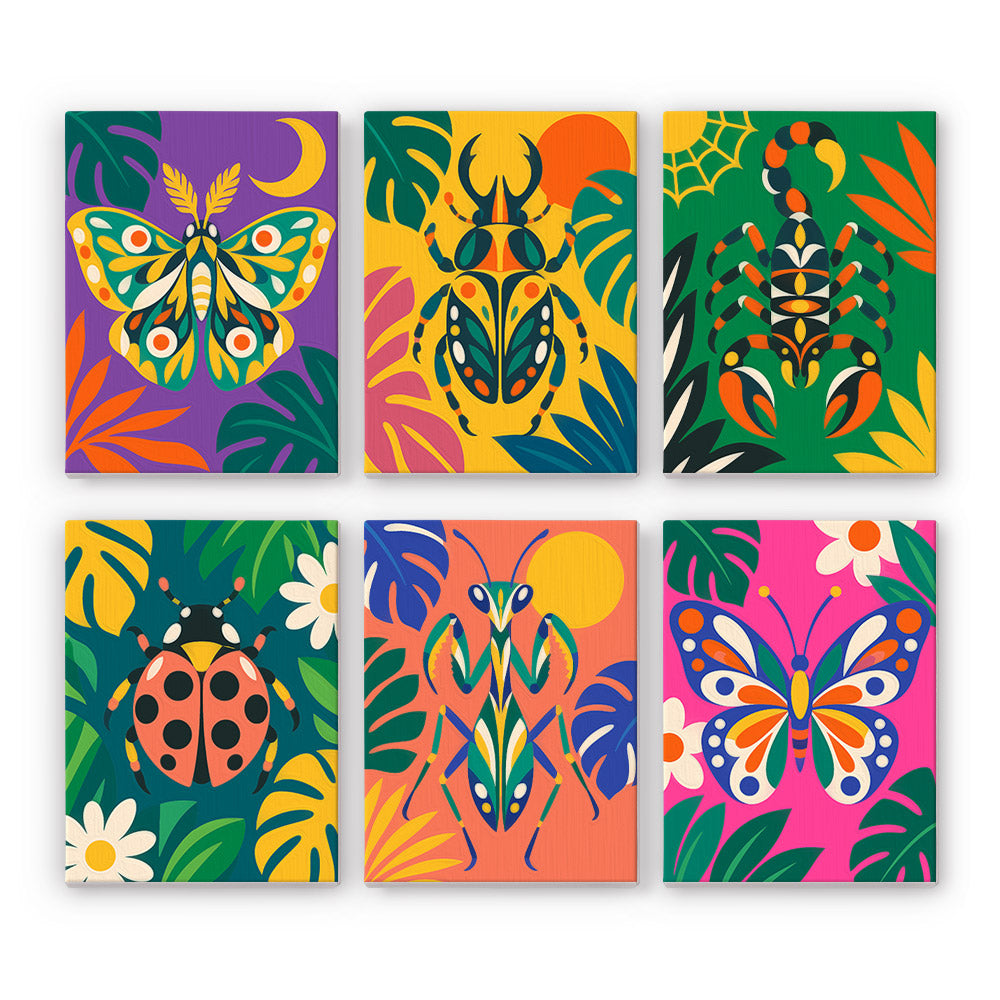 Jungle Bugs mini paint by numbers set: six folk-art insects among tropical leaves, including a moth, beetle, scorpion, ladybug, mantis and butterfly