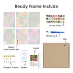 What's included pre-stretched on frame: six framed Jungle Bugs mini canvases, paints, three brushes, hangers and layout