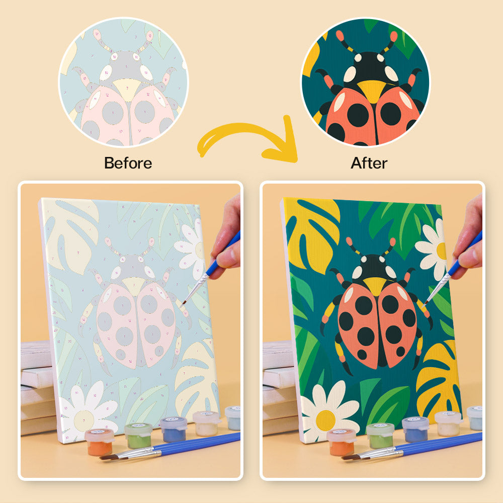 Before and after of a Jungle Bugs mini paint by numbers canvas
