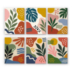 Jungle Collage mini paint by numbers set: six abstract tropical designs of monstera, palm leaves, suns, waves and dots