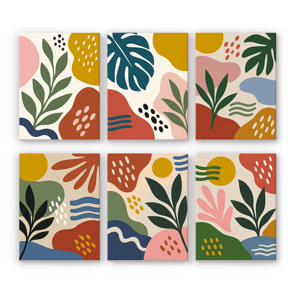 Jungle Collage mini paint by numbers set: six abstract tropical designs of monstera, palm leaves, suns, waves and dots