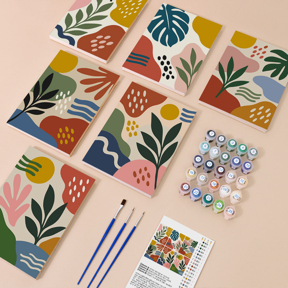 Jungle Collage mini paint by numbers kit with six numbered canvases, acrylic paints, brushes and layout
