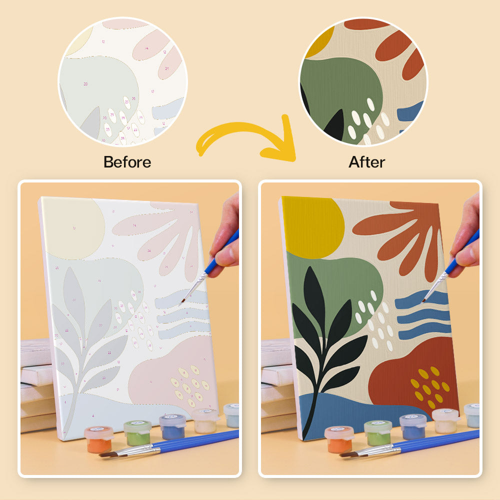 Before and after of a Jungle Collage mini paint by numbers canvas