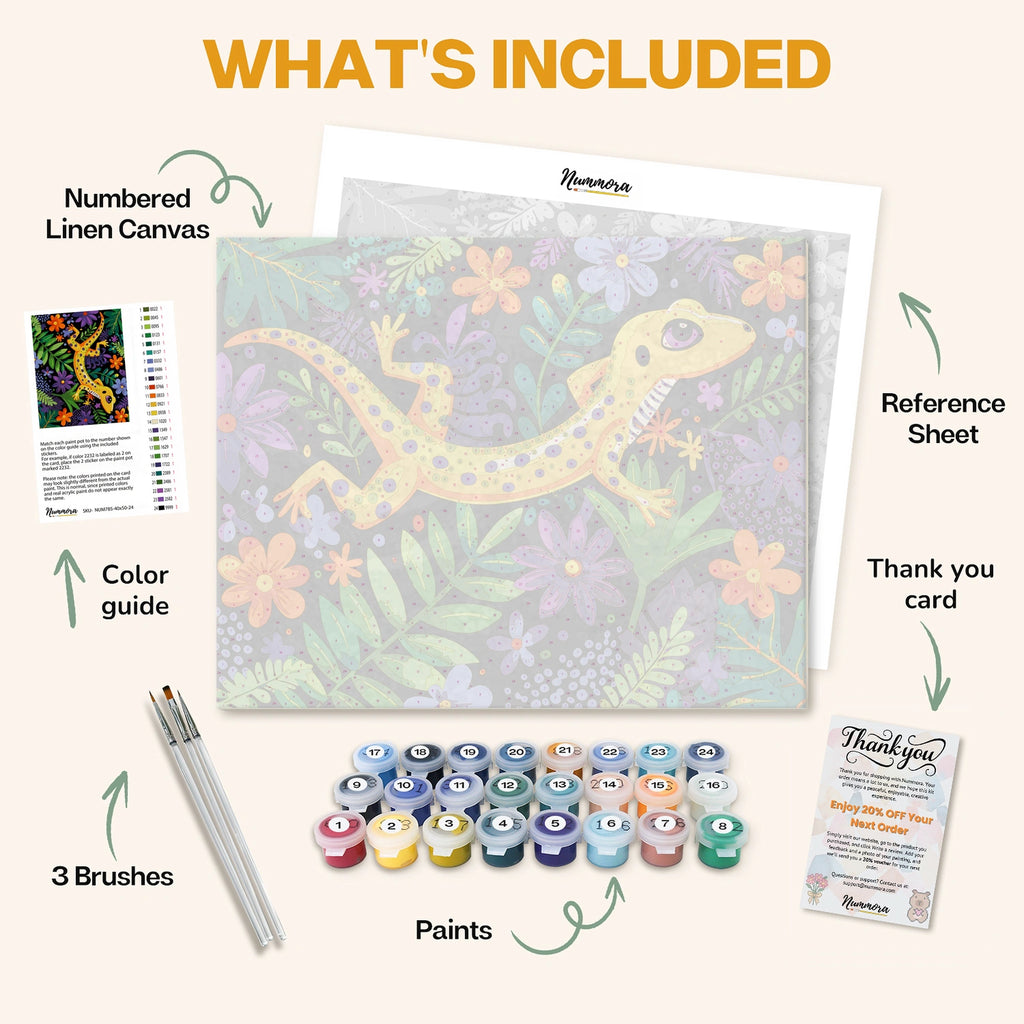 What's included in the Jungle Jewel paint by numbers kit: numbered linen canvas, reference sheet, color guide, 24 acrylic paints, 3 brushes and thank you card