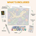 What's included in the Jungle Jewel paint by numbers kit: numbered linen canvas, reference sheet, color guide, 24 acrylic paints, 3 brushes and thank you card