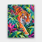 Jungle Prowl paint by numbers kit of a tiger moving through vivid green, magenta and orange jungle leaves