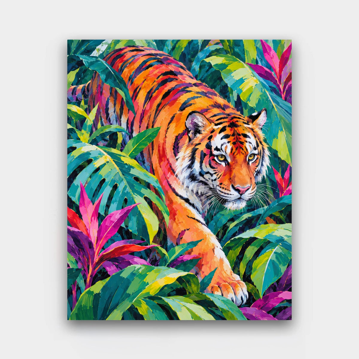 Jungle Prowl paint by numbers kit of a tiger moving through vivid green, magenta and orange jungle leaves
