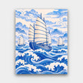 Junks on Blue Waves paint by numbers kit of sailing junks on stylized blue-and-white ocean waves and clouds