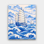 Junks on Blue Waves paint by numbers kit of sailing junks on stylized blue-and-white ocean waves and clouds