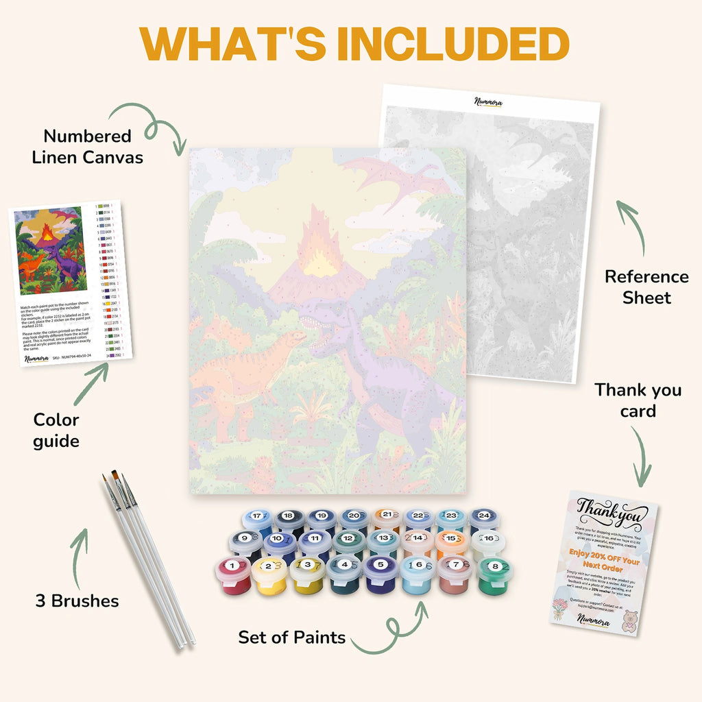 What's included in the Jurassic Clash Beneath the Volcano paint by numbers kit: numbered linen canvas, reference sheet, color guide, 24 acrylic paints, 3 brushes and thank you card