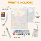 What's included in the Jurassic Clash Beneath the Volcano paint by numbers kit: numbered linen canvas, reference sheet, color guide, 24 acrylic paints, 3 brushes and thank you card