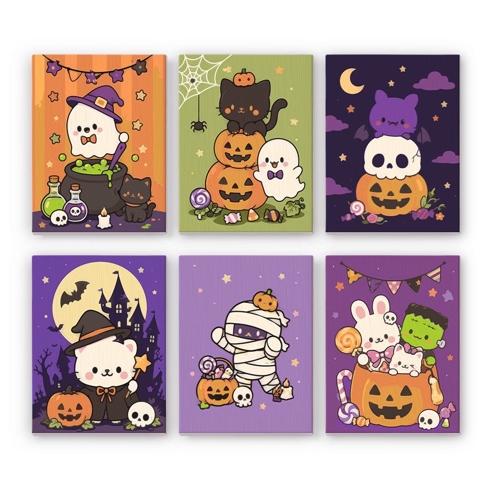 Kawaii Halloween mini paint by numbers set: six cute scenes with ghosts, cats, pumpkins, a mummy and candy in pastel purple and orange