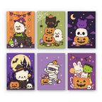Kawaii Halloween mini paint by numbers set: six cute scenes with ghosts, cats, pumpkins, a mummy and candy in pastel purple and orange