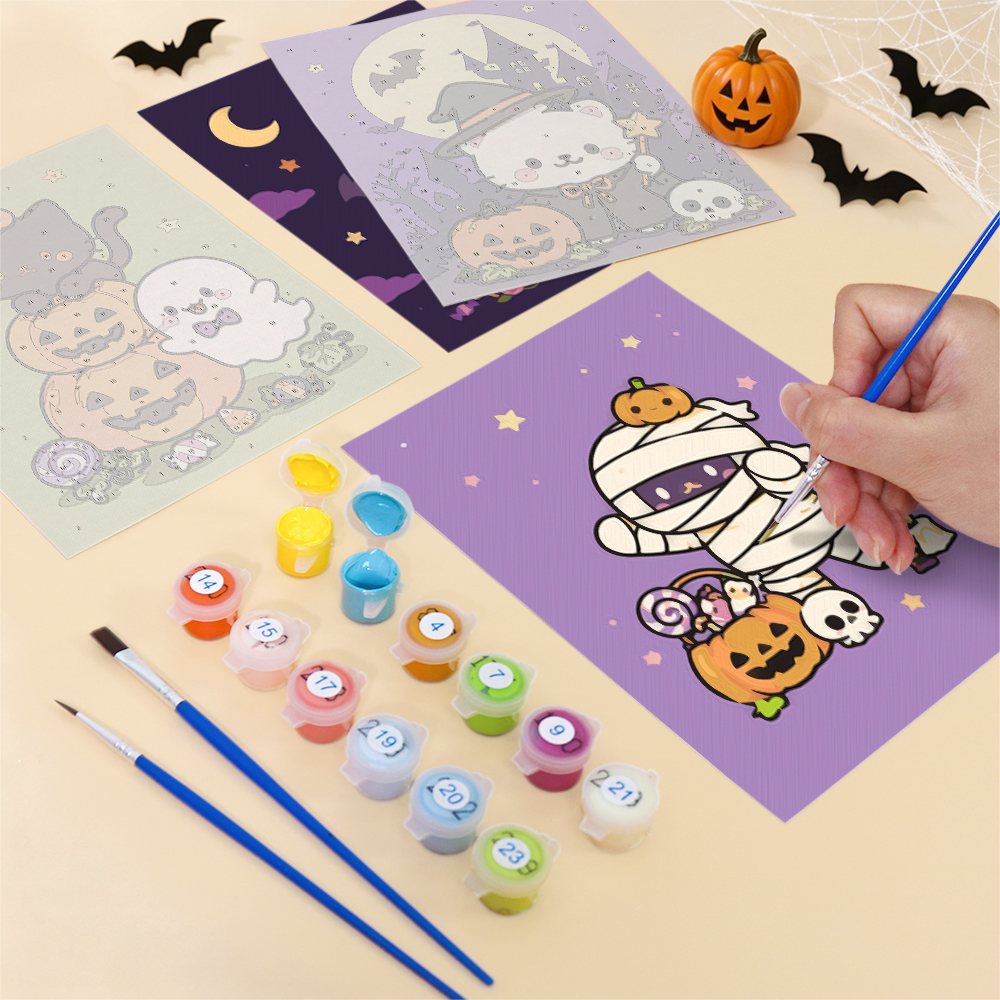 Filling in a Kawaii Halloween mini canvas with numbered acrylic paints and a fine brush