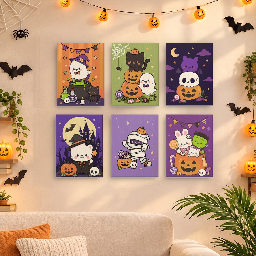 Six finished Kawaii Halloween mini paintings hung on a wall above a table