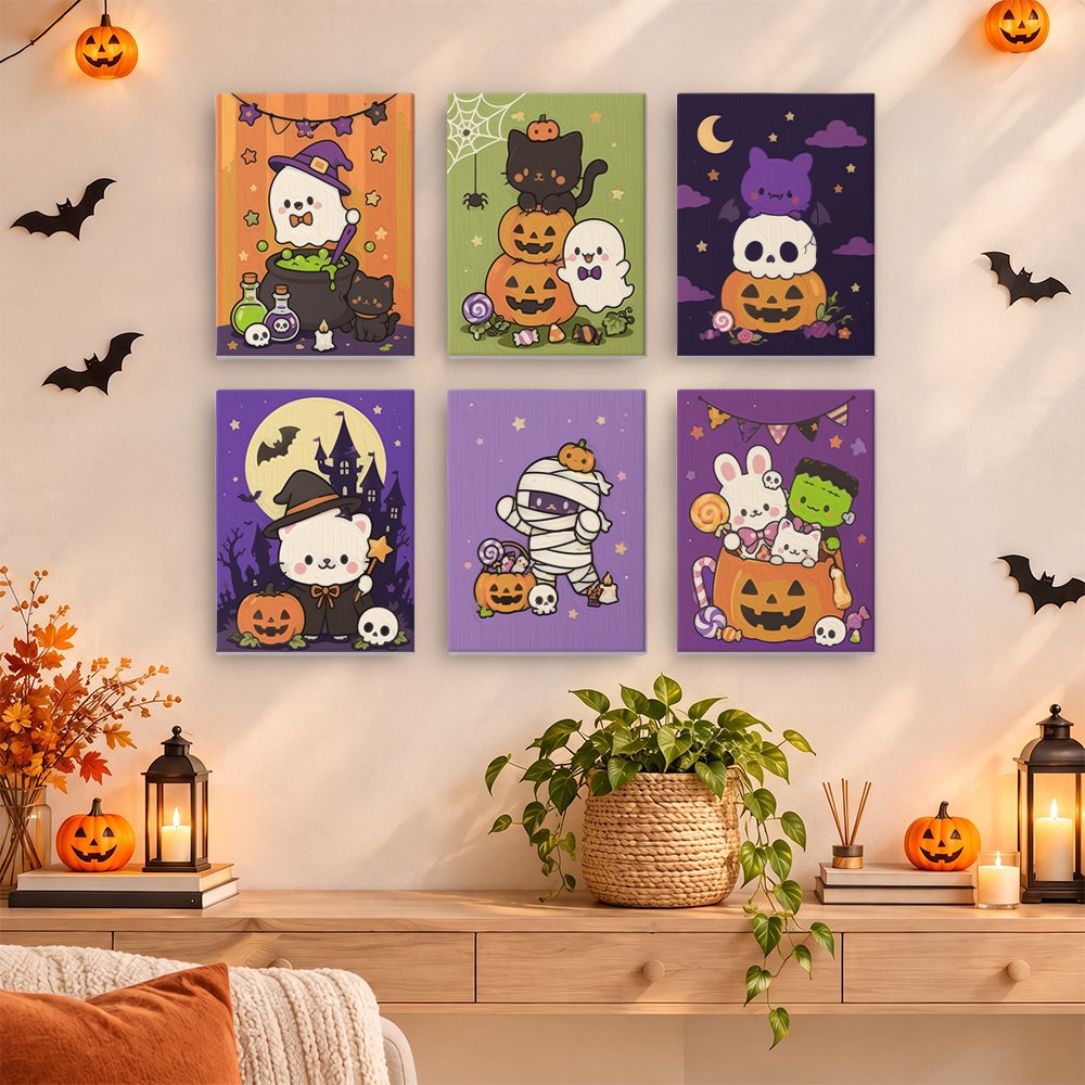 Kawaii Halloween mini paintings displayed as a gallery wall in a sunny kitchen