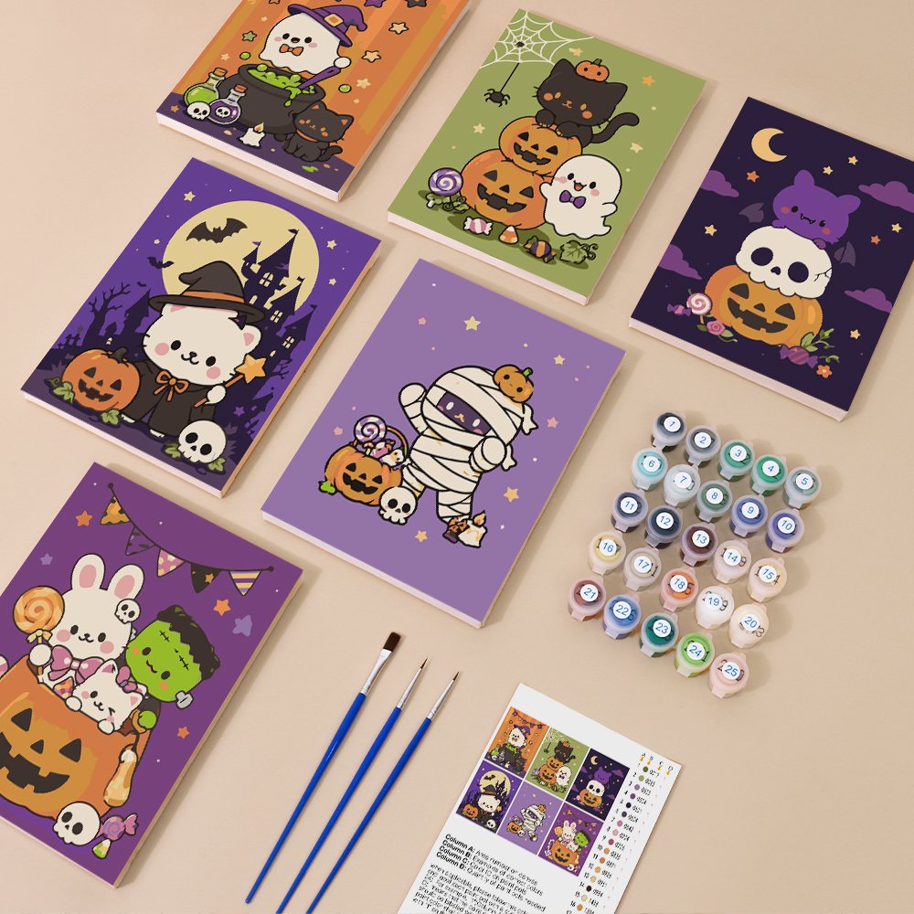 Kawaii Halloween mini paint by numbers kit with six numbered canvases, acrylic paints, brushes and layout