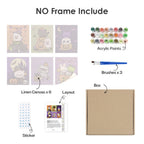 What's included without a frame: six rolled Kawaii Halloween mini canvases, acrylic paints, three brushes and layout