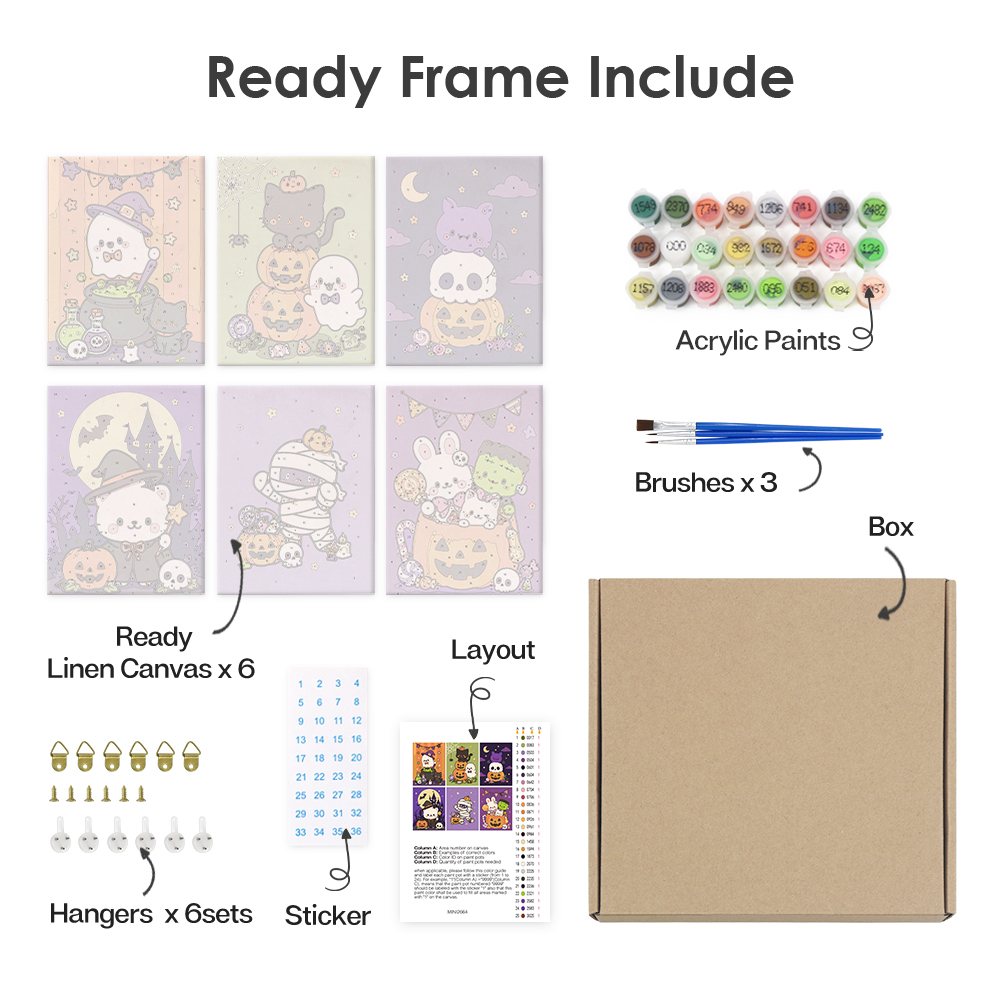 What's included pre-stretched on frame: six framed Kawaii Halloween mini canvases, paints, three brushes, hangers and layout