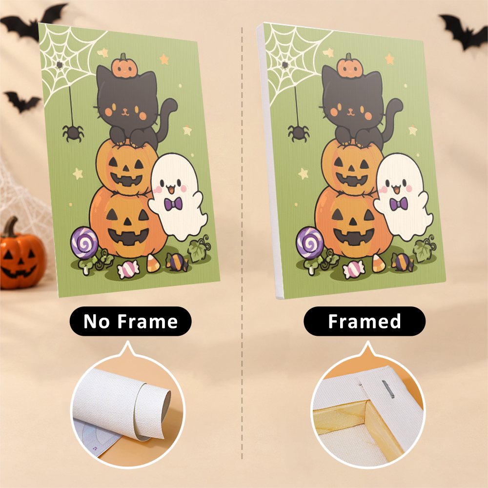 Kawaii Halloween mini canvas shown rolled without a frame and pre-stretched on a frame