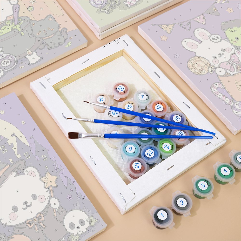 Numbered paint pots and brushes on a pre-stretched Kawaii Halloween mini canvas