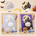 Before and after of a Kawaii Halloween mini paint by numbers canvas