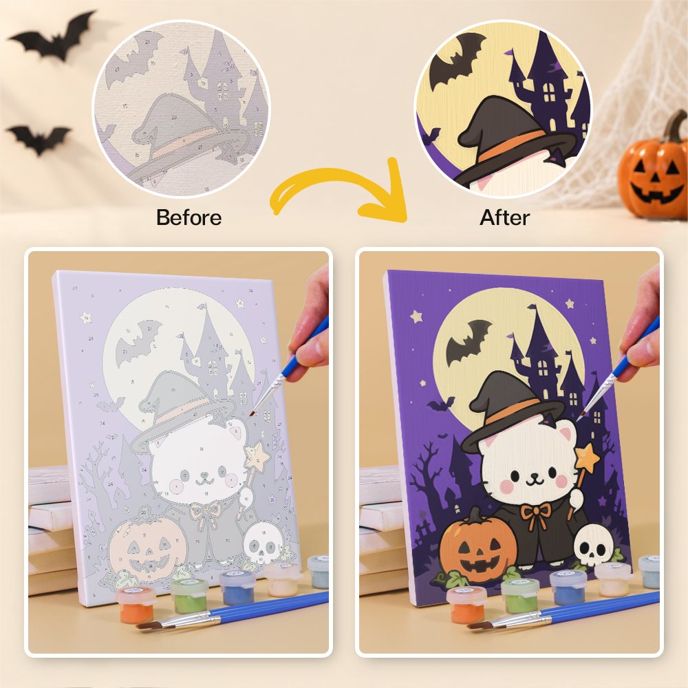 Before and after of a Kawaii Halloween mini paint by numbers canvas