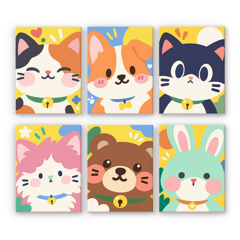 Kawaii Pals mini paint by numbers set: six cute animal faces, including a calico cat, a corgi, a black cat, a pink kitten, a bear and a bunny