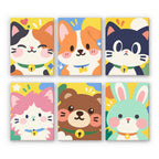 Kawaii Pals mini paint by numbers set: six cute animal faces, including a calico cat, a corgi, a black cat, a pink kitten, a bear and a bunny