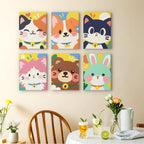 Kawaii Pals mini paintings displayed as a gallery wall in a sunny kitchen