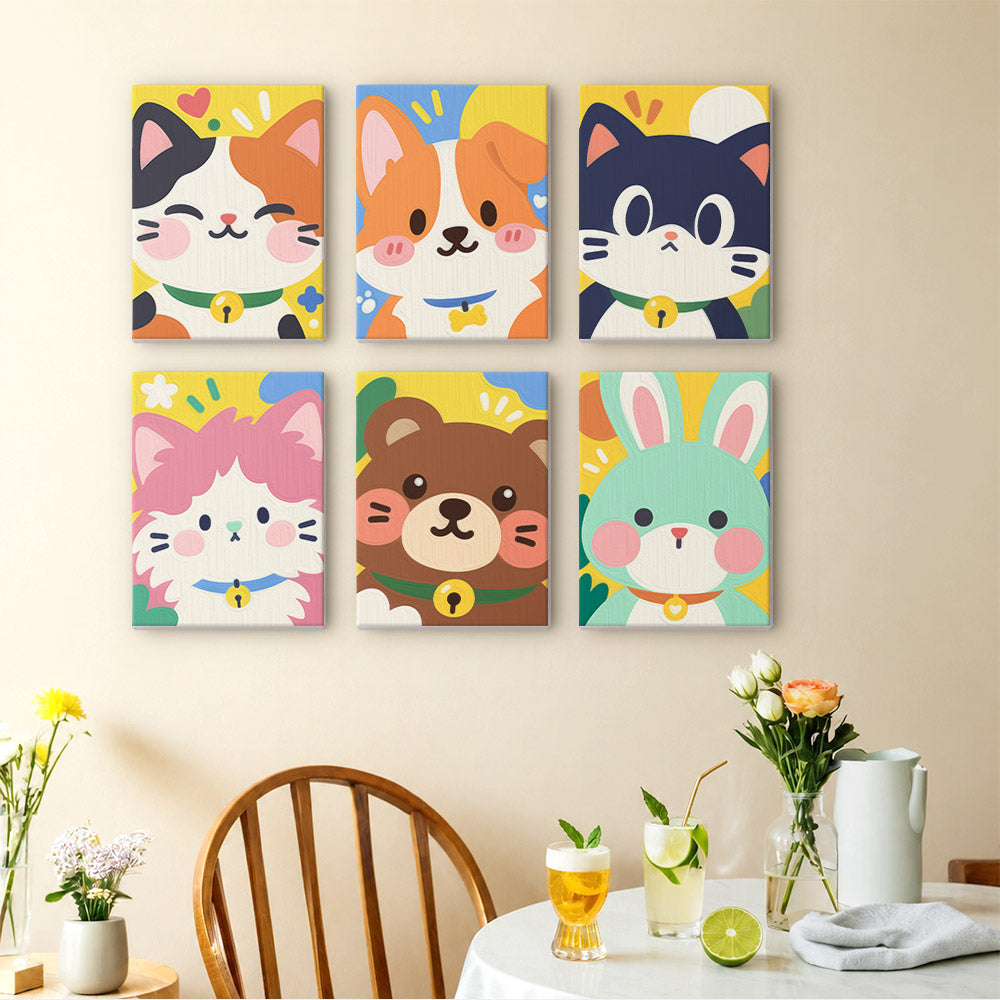 Kawaii Pals mini paintings displayed as a gallery wall in a sunny kitchen