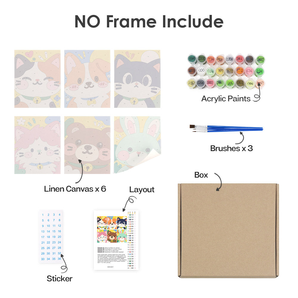What's included without a frame: six rolled Kawaii Pals mini canvases, acrylic paints, three brushes and layout