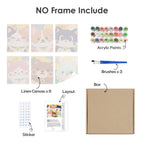 What's included without a frame: six rolled Kawaii Pals mini canvases, acrylic paints, three brushes and layout