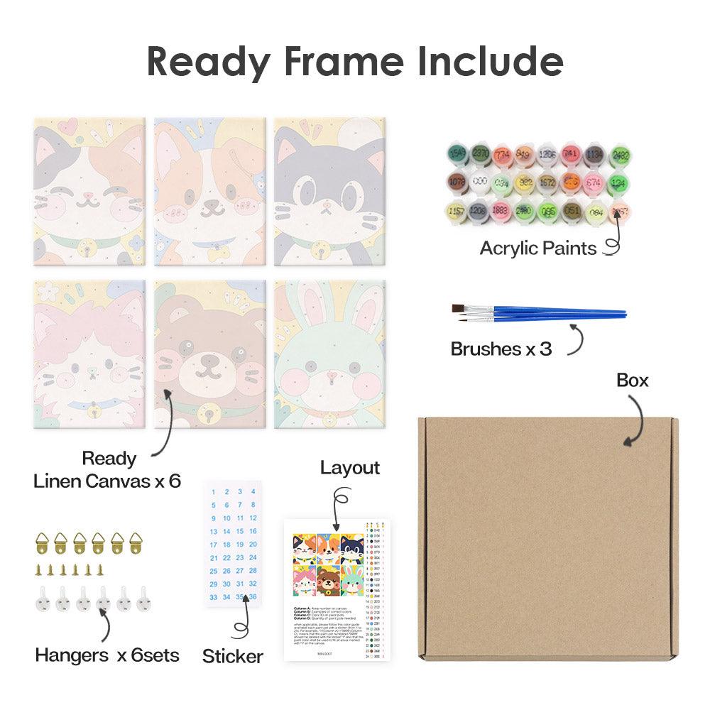 What's included pre-stretched on frame: six framed Kawaii Pals mini canvases, paints, three brushes, hangers and layout