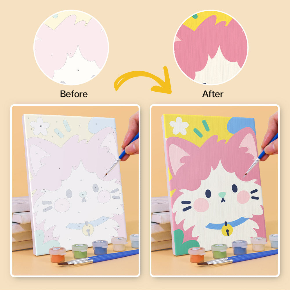 Before and after of a Kawaii Pals mini paint by numbers canvas