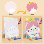 Before and after of a Kawaii Pals mini paint by numbers canvas