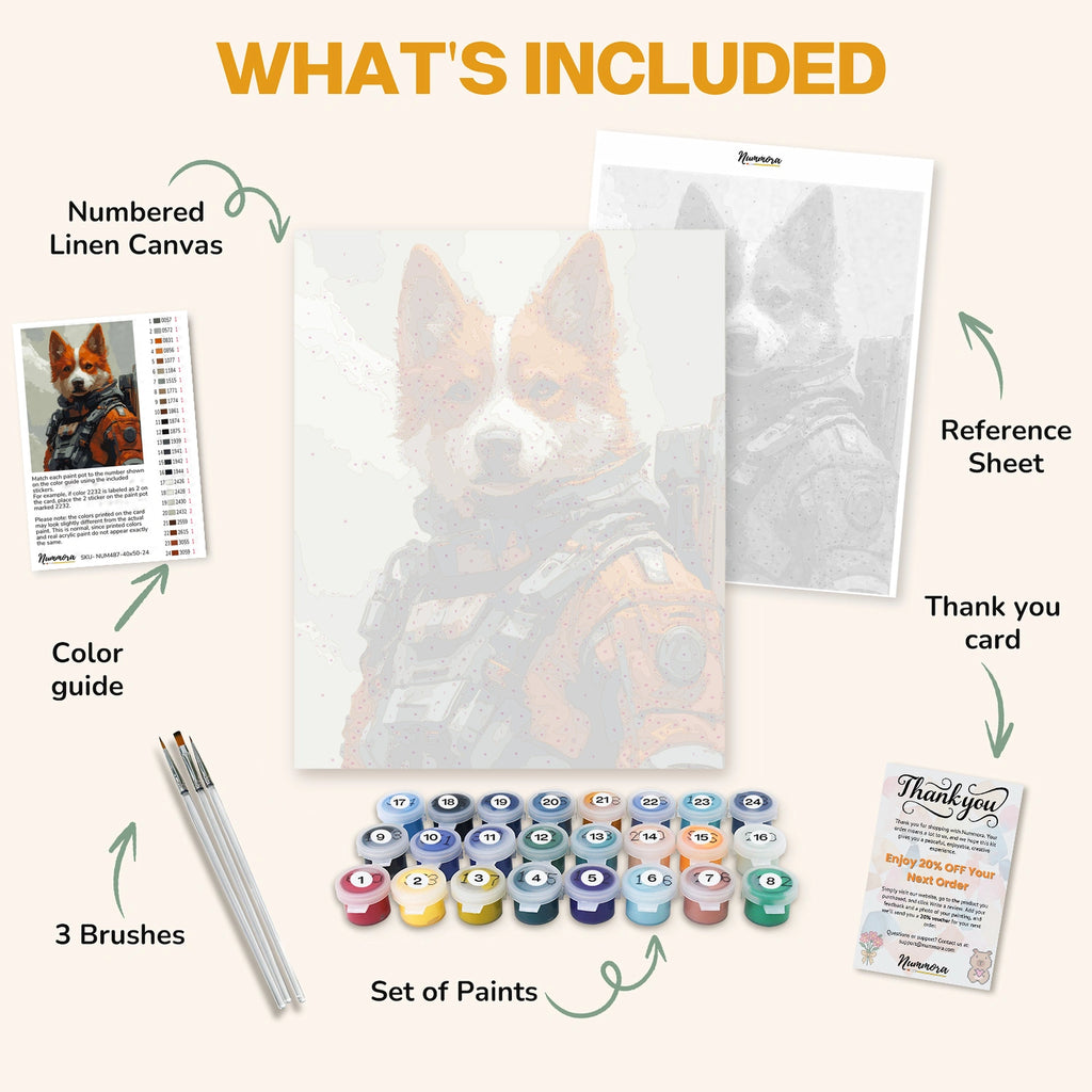 What's included in the Keeper of the Cosmos paint by numbers kit: numbered linen canvas, reference sheet, color guide, 24 acrylic paints, 3 brushes and thank you card