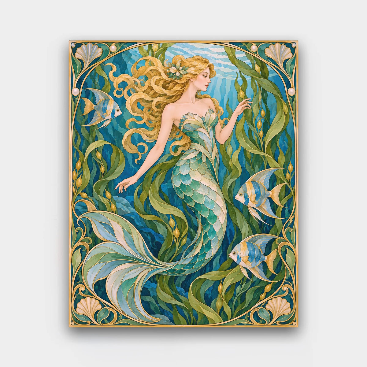 Kelp Forest Mermaid paint by numbers kit of a mermaid among swaying kelp and angelfish within an Art Nouveau border