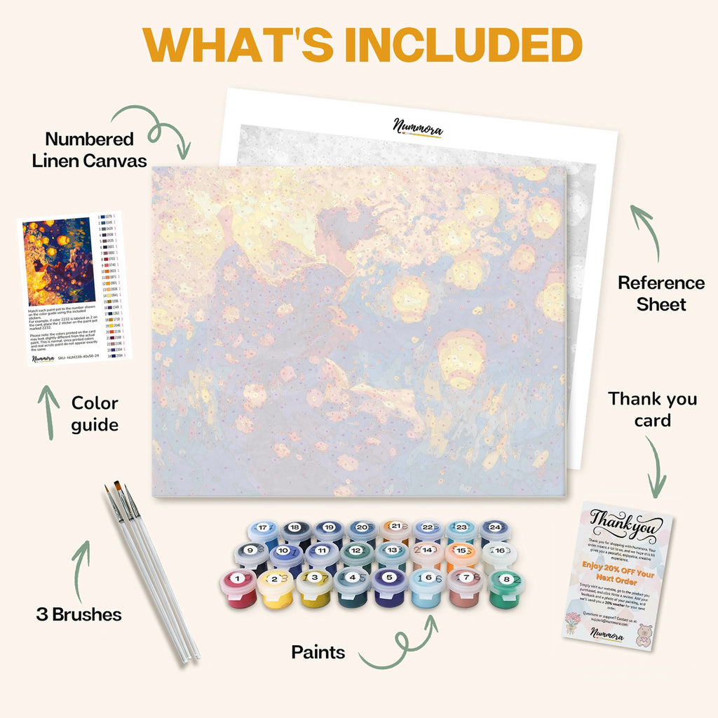 What's included in the Kimono in Moonlight paint by numbers kit: numbered linen canvas, reference sheet, color guide, 24 acrylic paints, 3 brushes and thank you card