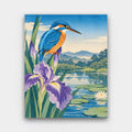Kingfisher on the Iris paint by numbers kit of a kingfisher perched on a purple iris above a lily pond